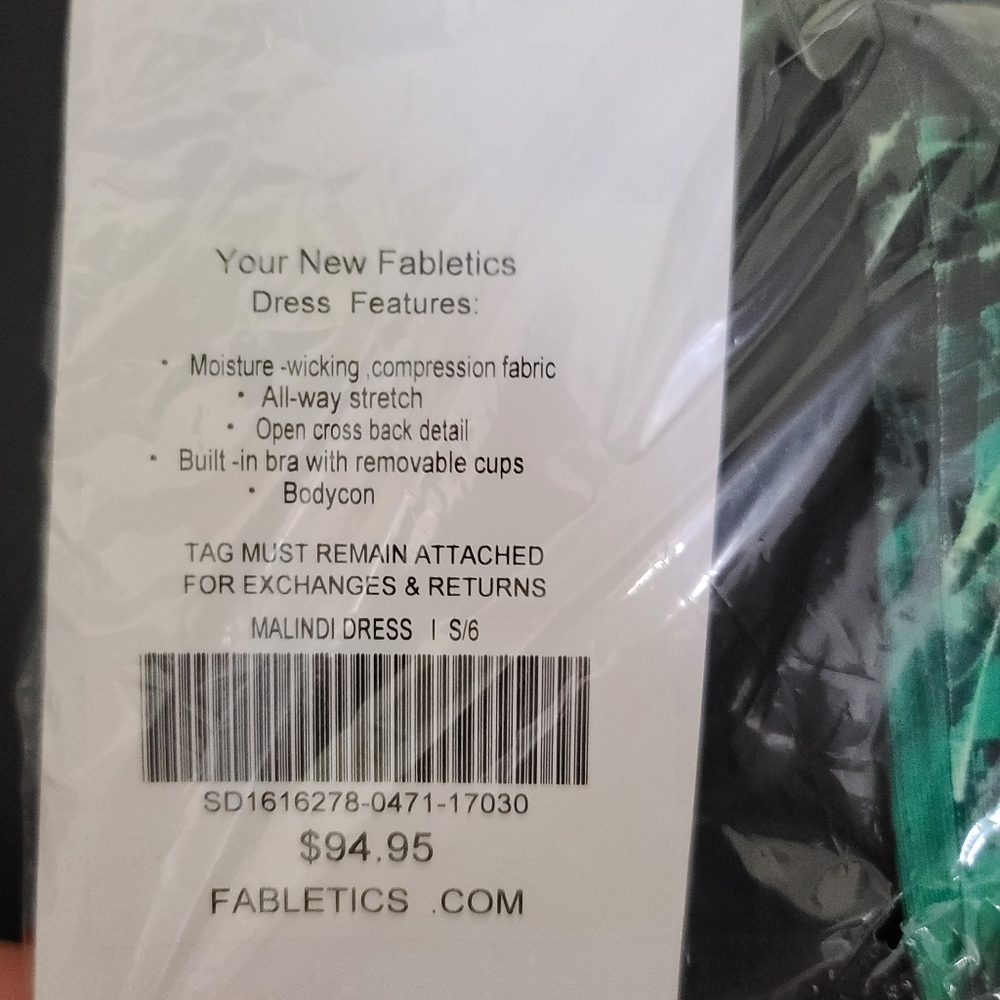 Fabletics Malindi Dress Green Black Strappy Back Tropical Palm Leaves size small